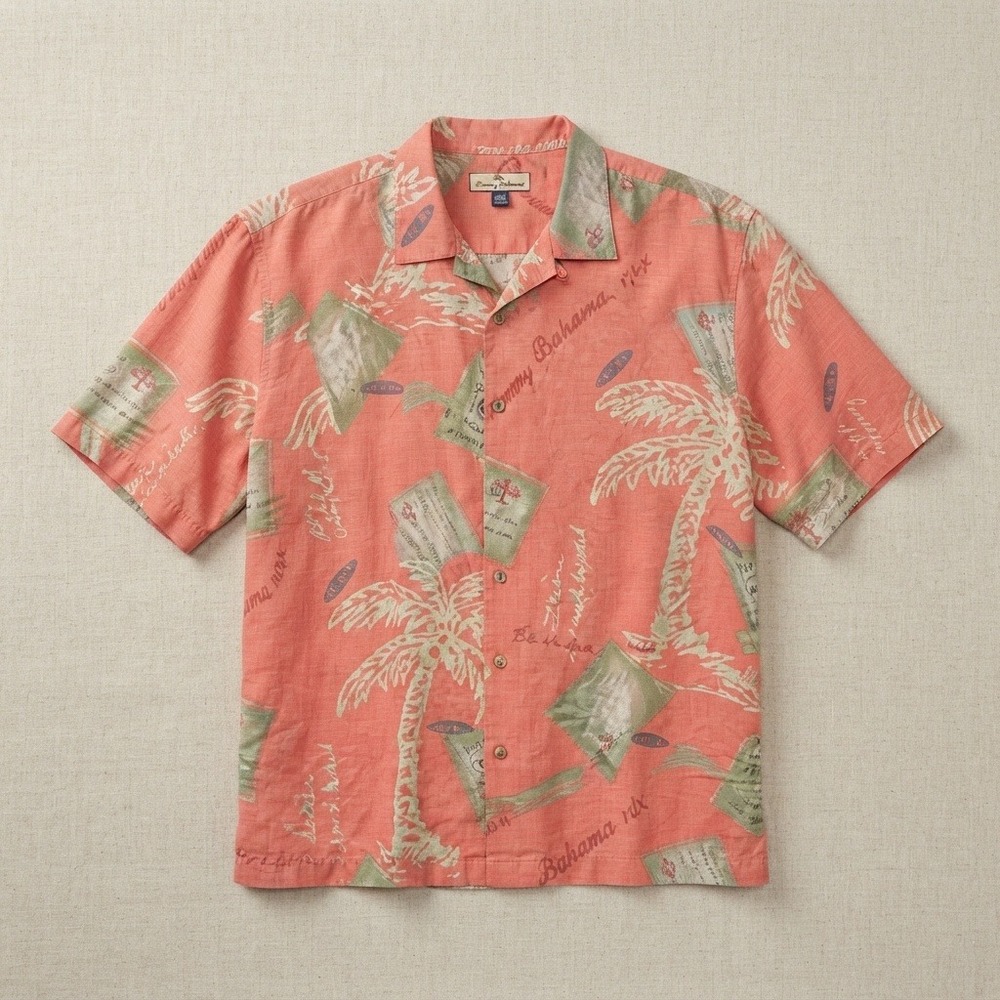 Tommy Bahama Shirt Silk Palm Tree Tropical Button Salmon Large graphic postcard